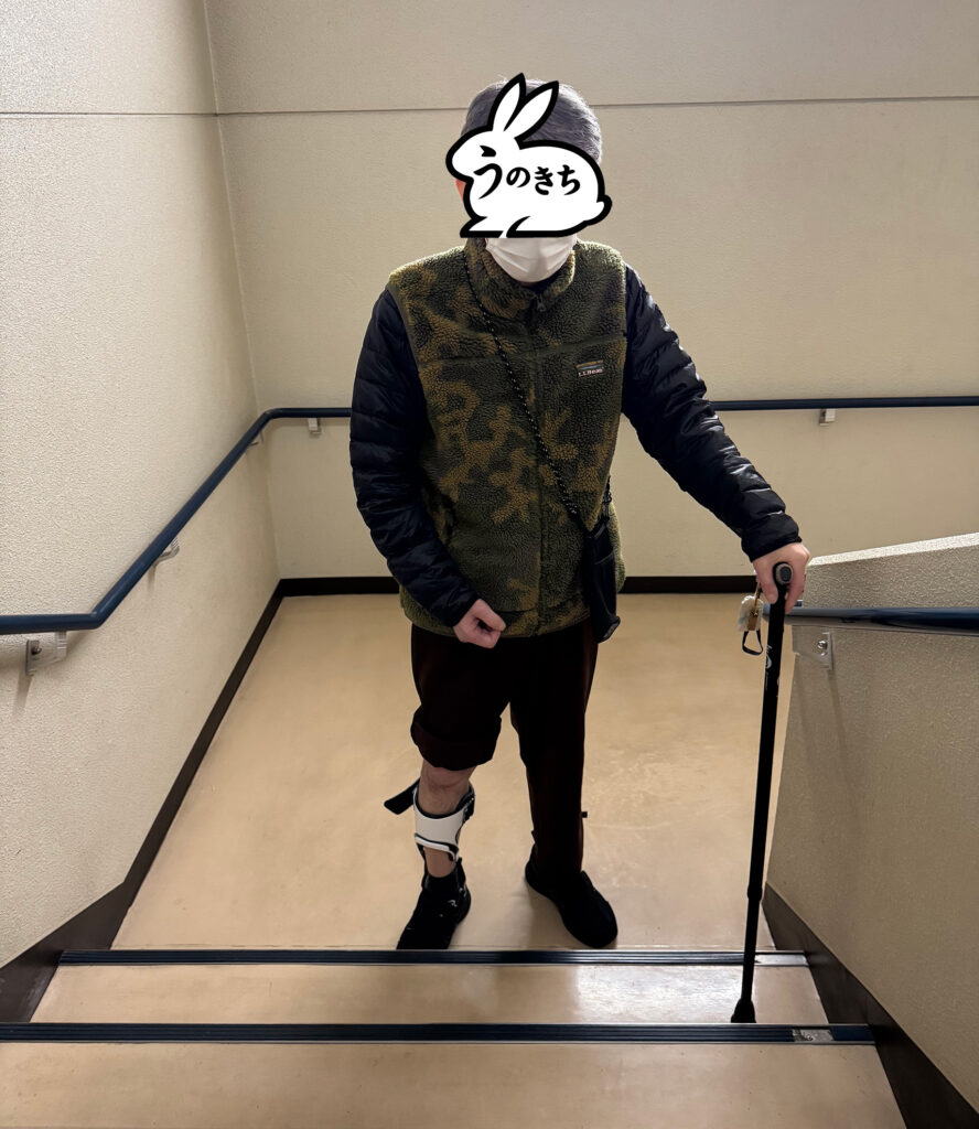 脳梗塞後の片麻痺リハビリで階段を杖と装具を使って昇り降りする様子