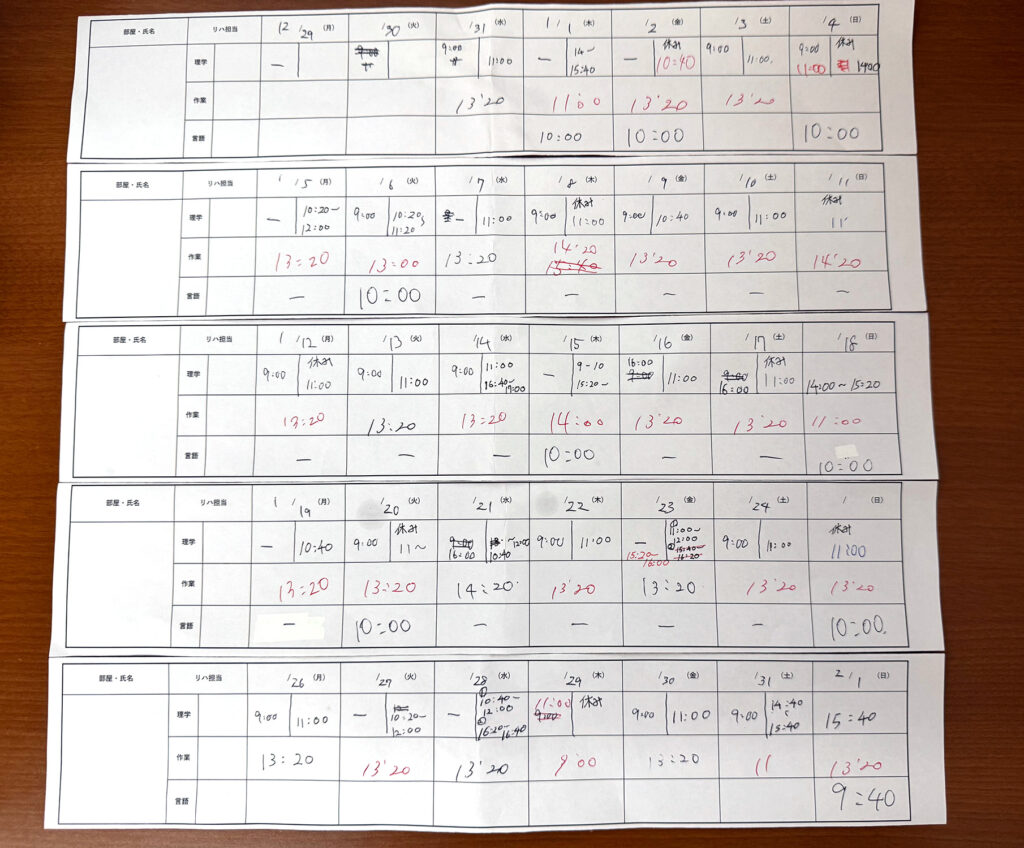 2026年1月の理学療法・作業療法・言語療法の予定表。午前の理学療法と午後の作業療法、月・木の起立訓練を含む回復期病棟でのリハビリ記録。