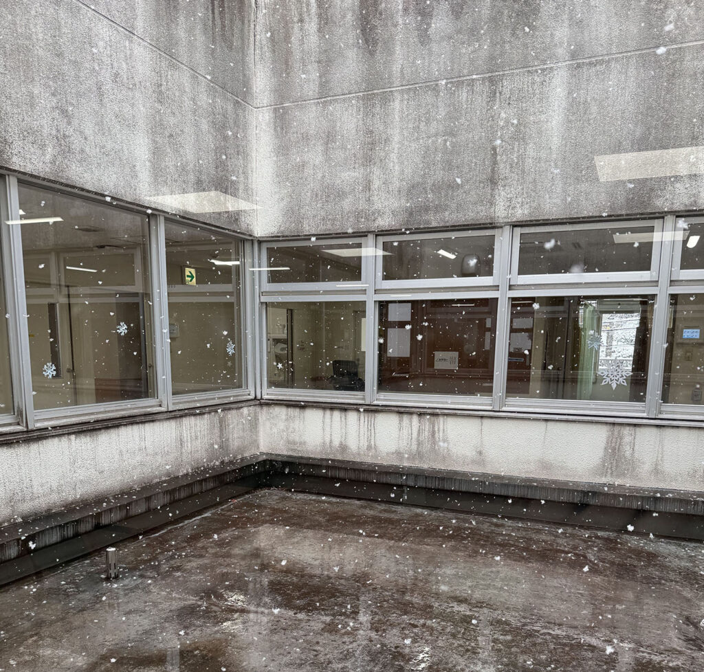 病院の中庭に雪が降り、コンクリートの床に静かに落ちていく様子