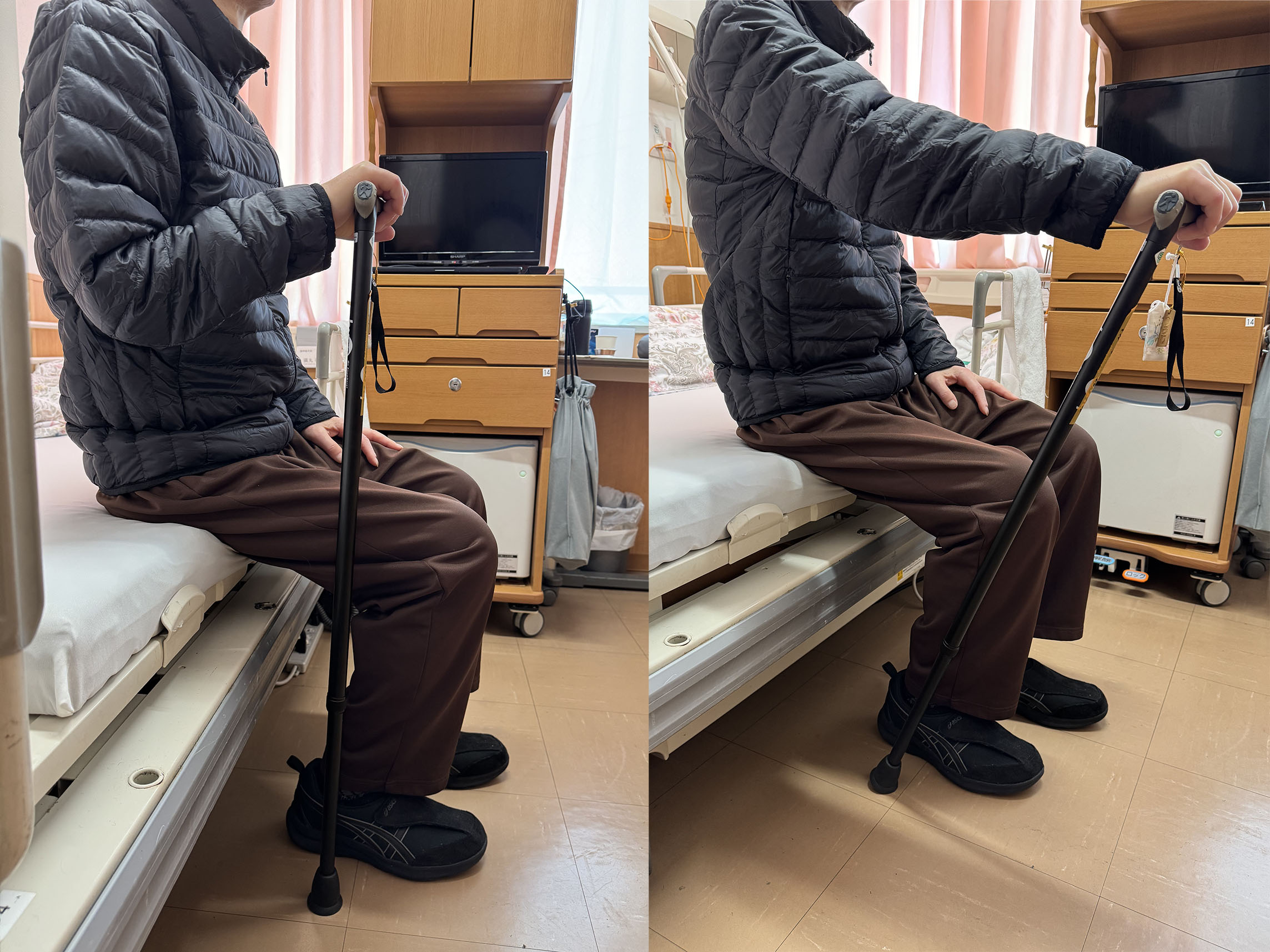 回復期142日目、病室のベッドに腰掛け、麻痺側の右手で杖を握り前方へ押し出す自主リハビリを行う様子