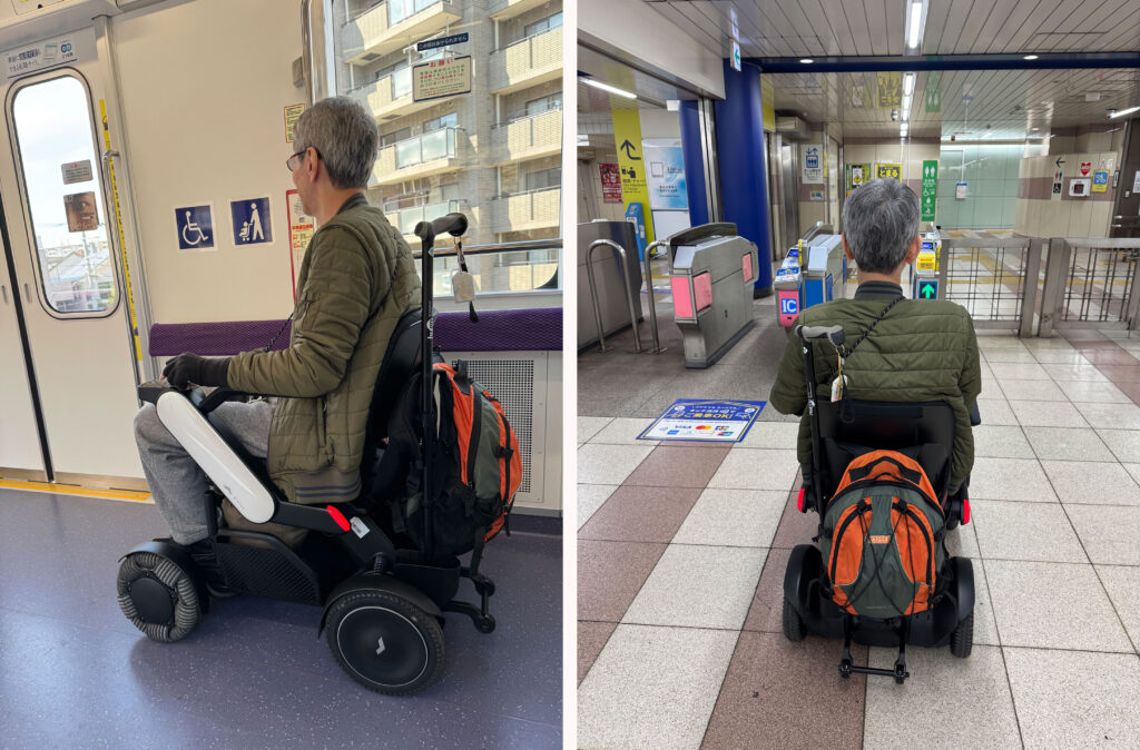 WHILLに乗って電車に乗車している様子と駅改札を通過する様子（脳梗塞後の移動手段）