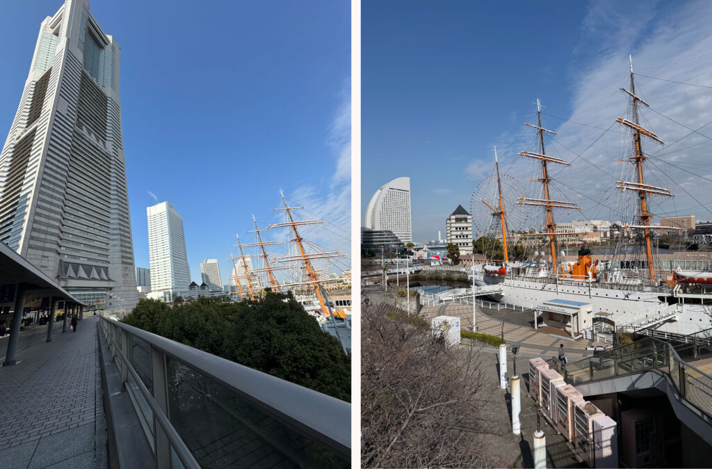 横浜みなとみらいのランドマークタワーと帆船日本丸