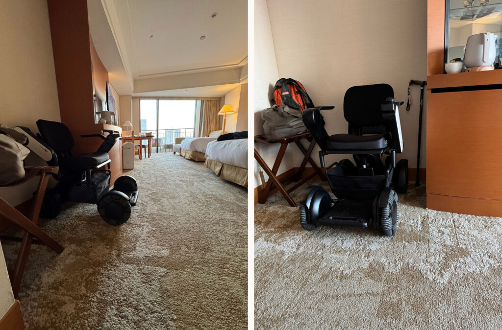 ホテル客室内に置かれたWHILLとベッドのある室内の様子