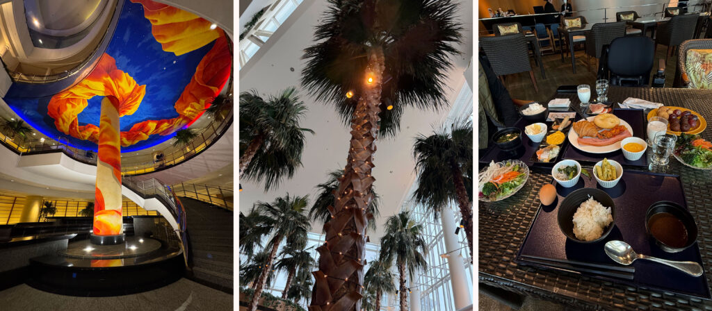 ホテル内の装飾と朝食ビュッフェの料理の様子