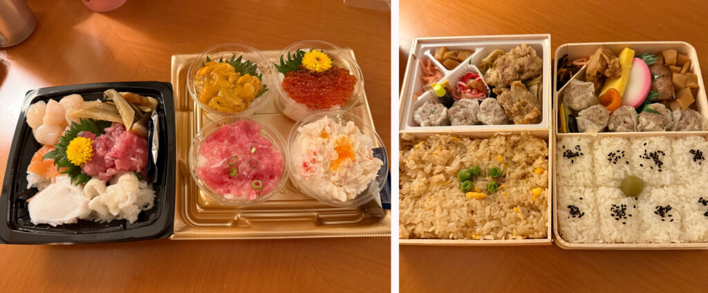 横浜の弁当やテイクアウト料理をホテルで食べる様子
