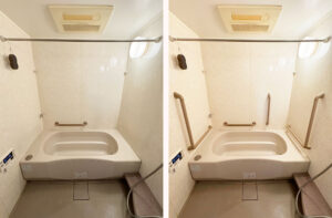 介護保険で浴室に手すりを設置したビフォーアフター｜片麻痺でも安全に入浴できるL字・I型手すり配置