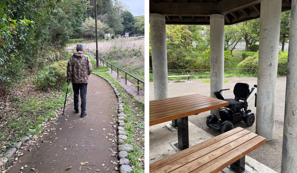 脳梗塞後の生活期にWHILLで公園へ移動し杖を使って歩行リハビリを行っている様子