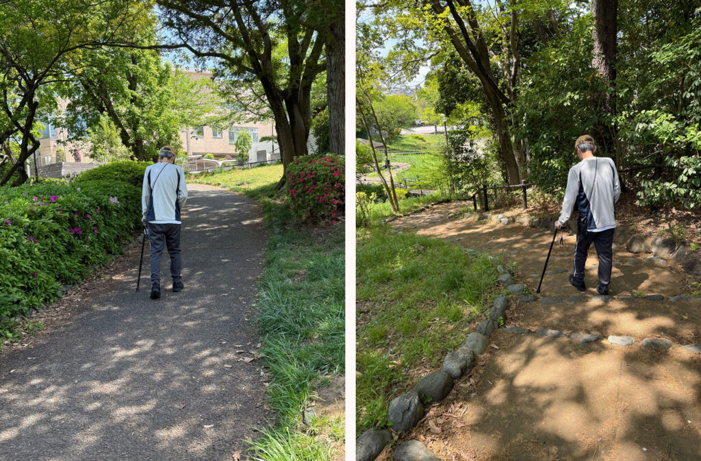 脳梗塞の生活期リハビリで公園を杖で歩行練習する様子（右半身麻痺・坂道と階段の訓練）