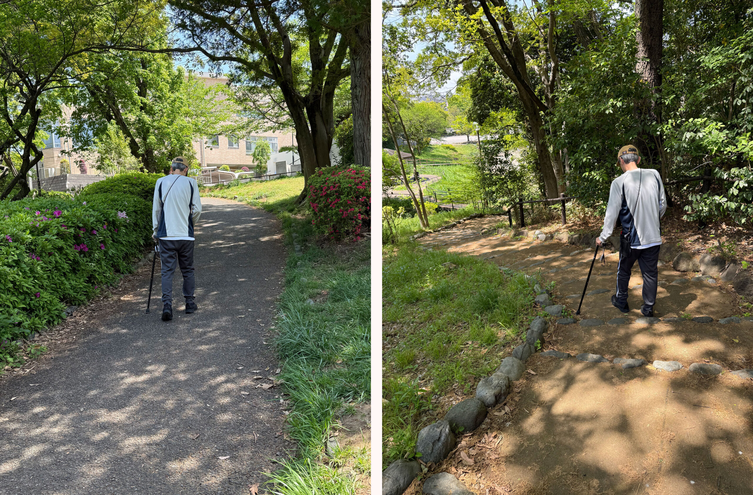 脳梗塞の生活期リハビリで公園を杖で歩行練習する様子（右半身麻痺・坂道と階段の訓練）